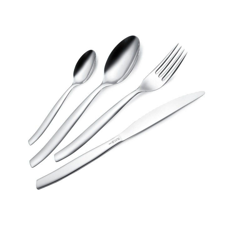 Set 24 tacamuri pentru 6 persoane, Eme, Shark, Inox, Argintiu, Grosime 2.00mm, Cutie de lemn