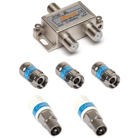 Set Spliter CATV 2 iesiri +3 mufe F + 2 mufe TV cu autosertizare Cabelcon