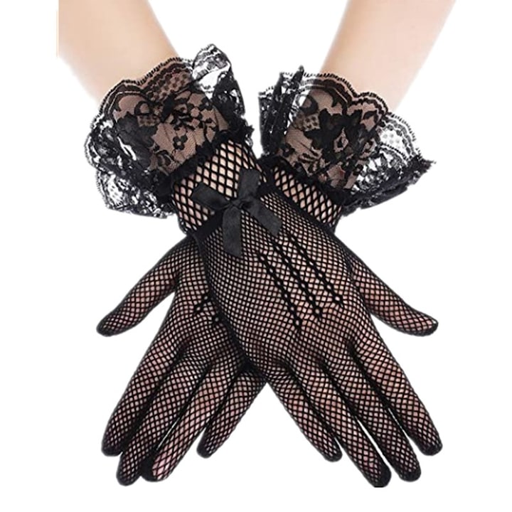 Дамски ръкавици, булка, вечерна рокля, дантелена панделка, черно, Един размер