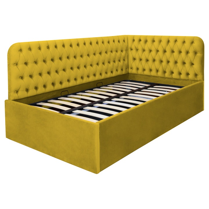 Pat tapitat pe colt stanga Disney nasturi, 120/200, galben mustar, cu somiera metalica rabatabila si spatiu de depozitare