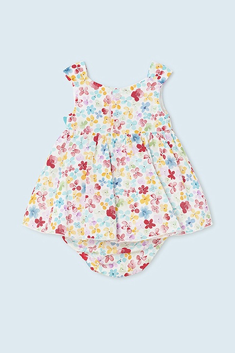 Mayoral, Rochie cu model floral si funda, Alb, Turcoaz, Roz, 75 CM