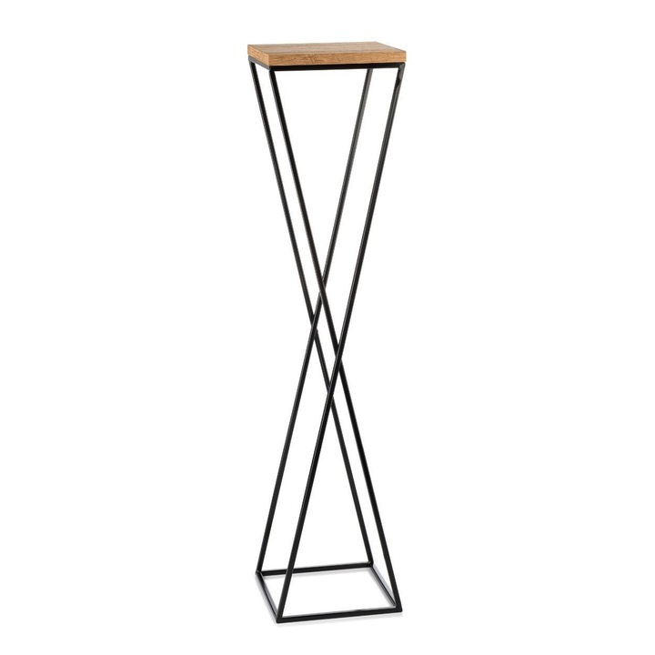 Suport Flori, HowHomely, Stil Modern Loft Industrial, Expunere Eleganta Plante, Structura Metalica Stabila, Ideal Pentru Living Birou Hol, Blat Aspect Stejar, Inalt Si Rezistent, Design Minimalist, 100x24x24 cm, Negru