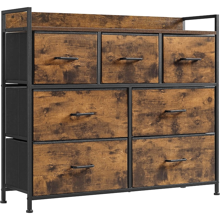 SONGMICS Comoda cu cadru metalic si 7 sertare din textil, stil industrial, 98x29x85cm, maro rustic si negru+