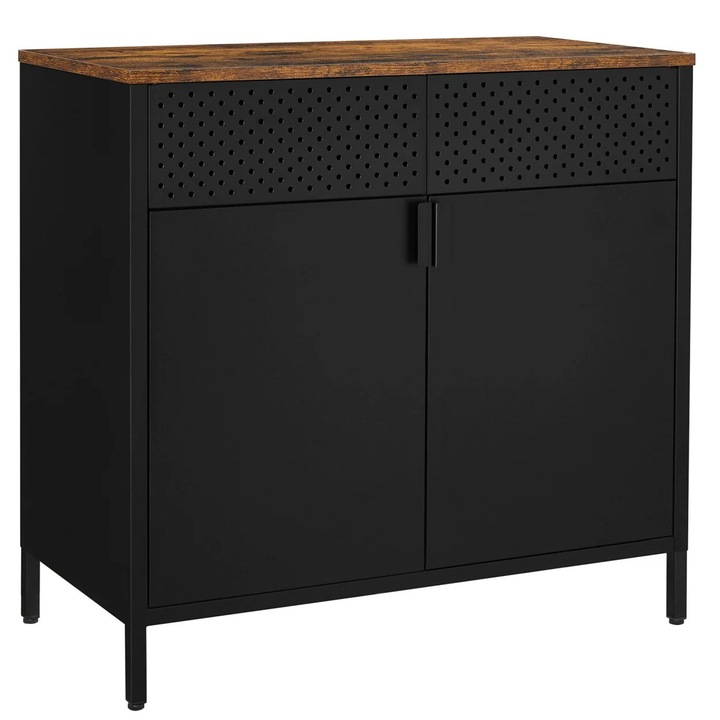 80x40x76 cm-es tárolószekrény, fekete és rusztikus barna, ipari stílusú, acél és forgácslap, 2 ajtóval, 1 fiókkal és perforált panellel
