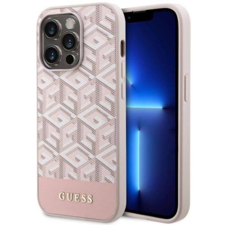 Husa Guess GCube Stripes MagSafe compatibila cu iPhone 14 Pro, Roz