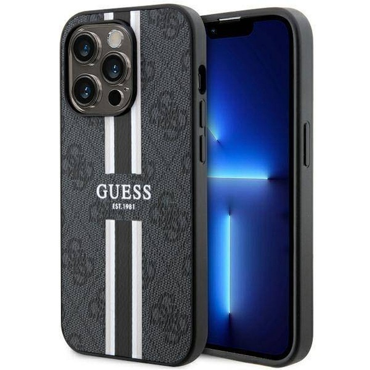Eredeti előlap tok GUESS GUHMP14LP4RPSK iPhone 14 PRO-hoz (Magsafe 4G nyomtatott csíkok / fekete)