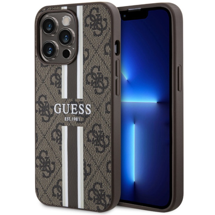 Guess GUHMP13LP4RPSW iPhone 13 Pro / 13 6,1" barna/barna kemény tok, 4G nyomtatott csíkos MagSafe