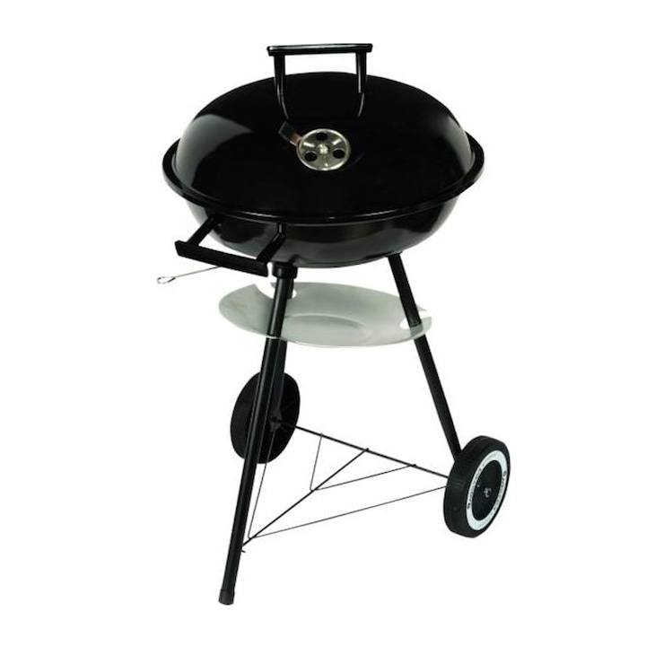 Барбекю на дървени въглища MasterGrill MG913, 42 см, Емайлирана стомана, Дървени дръжки, Долен рафт, 2 Колела, Черен/инокс