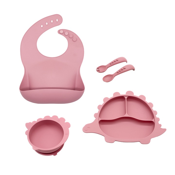 Пълен силиконов комплект за хранене на бебета, дино, лигавник, чиния с отделения, купа с вендуза, прибори за хранене, без алергени, розов
