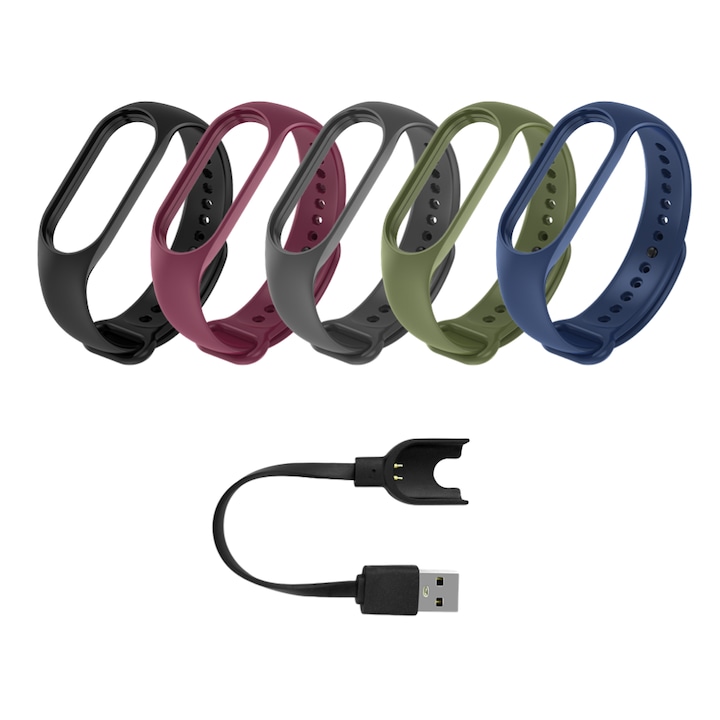 Set 5 curele din silicon pentru bratara smart Xiaomi Mi Band 3, cablu de incarcare, Multicolor