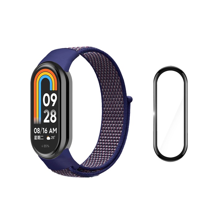 Curea Bratara Fitness compatibil Xiaomi Mi Band 8, Textil, Folie de protectie 3D, Bleumarin