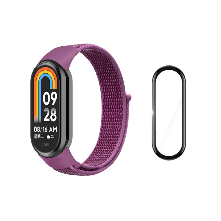 Curea Bratara Fitness compatibil Xiaomi Mi Band 8, Textil, Folie de protectie 3D, Violet