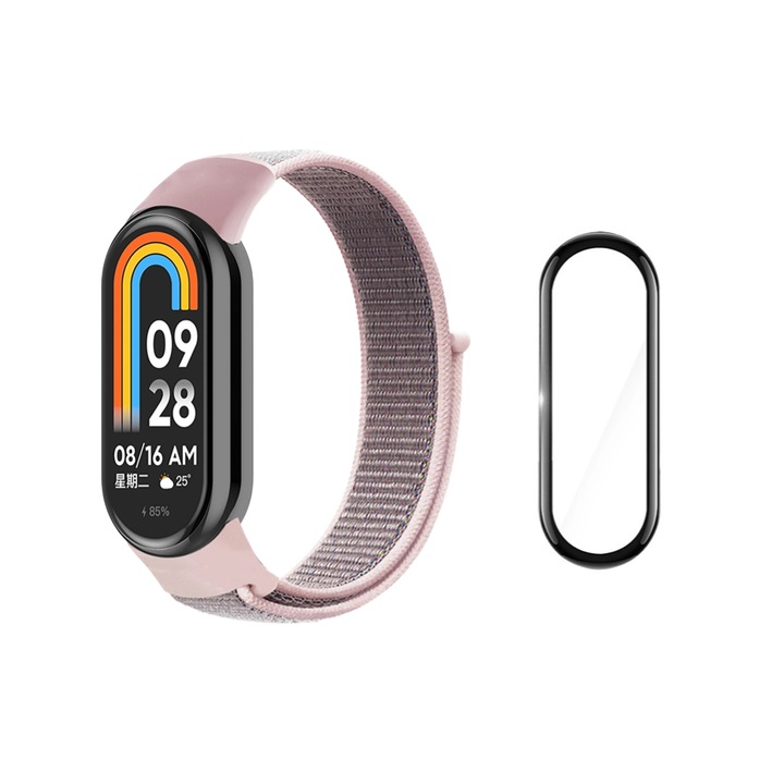 Curea Bratara Fitness compatibil Xiaomi Mi Band 8, Textil, Folie de protectie 3D, Roz