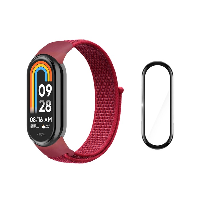 Curea Bratara Fitness compatibil Xiaomi Mi Band 8, Textil, Folie de protectie 3D, Rosu