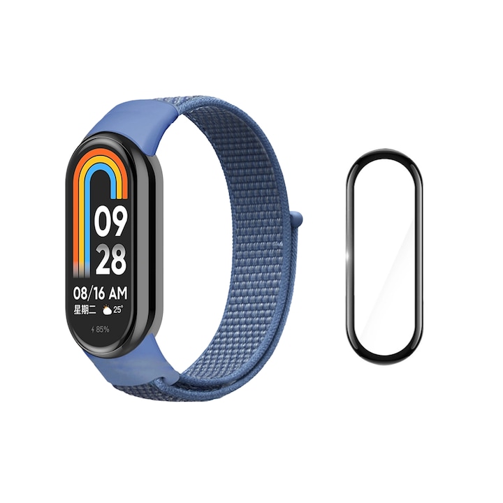 Curea Bratara Fitness compatibil Xiaomi Mi Band 8, Textil, Folie de protectie 3D, Albastru