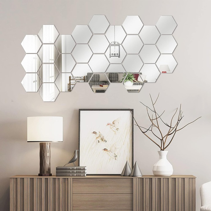 Set autocolante decorative cu oglinda, ABS, Diverse modele, Argintiu