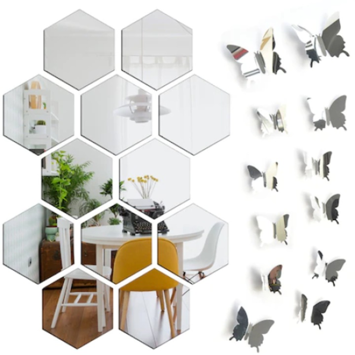 Set autocolante decorative cu oglinda, ABS, Diverse modele, Argintiu