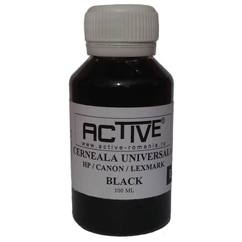 Cerneala refill Universala ACTIVE, 100 ml, Black / Negru, compatibila cu cartuse inkjet HP, Lexmark, Canon Cerneala refill Universala ACTIVE, 100 ml, Black / Negru, compatibila cu cartuse inkjet HP, Lexmark, Canon