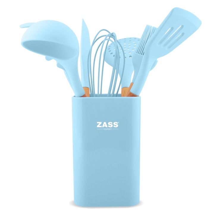 Комплект кухненски прибори 8 части дърво и силикон, Zass Gourmet ZG-KT 02, син