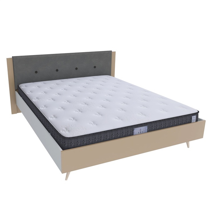 Pat dublu scandinav THOR 160x200, Carcasa PAL Gri piatra, Fete PAL Capucino 1, Picioare fag, Tablie Tapitata