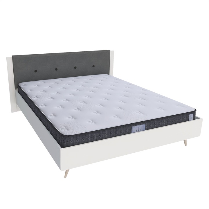 Pat dublu scandinav THOR 140x200, Carcasa PAL Gri piatra, Fete PAL Migdala 1, Picioare fag, Tablie Tapitata