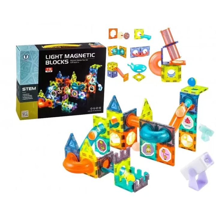 Set constructie pentru copii cu 75 piese magnetice educative, multiple posibilitati de constructii tridimensionale, cu elemente luminoase