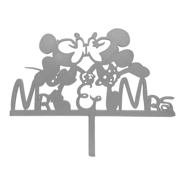 Decoratiune topper tort, "Mr&Mrs, Mickey and Minnie", model Disney, 16,5 x 20cm argintiu