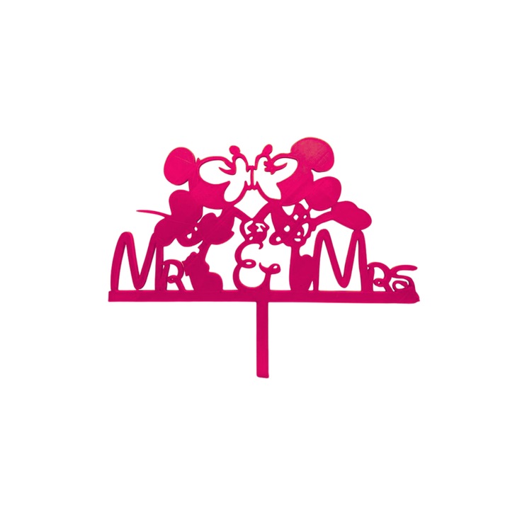Decoratiune topper tort, "Mr&Mrs, Mickey and Minnie", model Disney, 16,5 x 20 cm roz zmeuriu