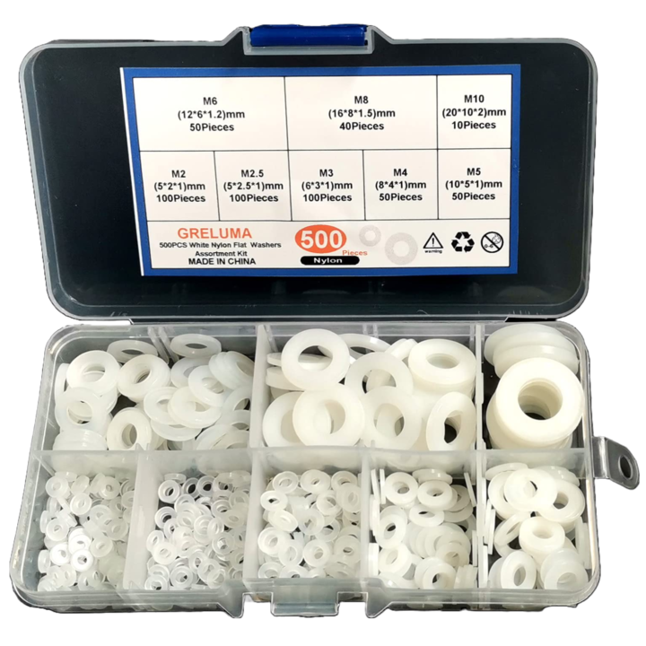 Set 500 garnituri, nailon, 8 dimensiuni M2/M2.5/M3/M4/M5/M6/M8/M10, cu carcasa de plastic pentru depozitare, albe