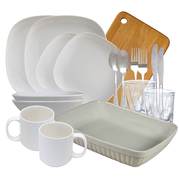 Set complet de masa, White, 18 piese, Portelan, Alb