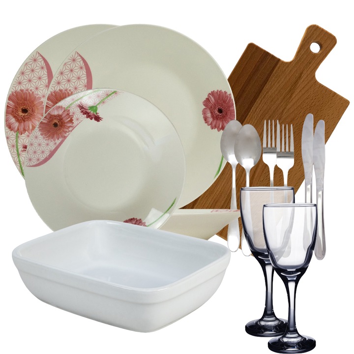 Set complet de masa, Daisy, 14 piese, Portelan, Alb cu margareta