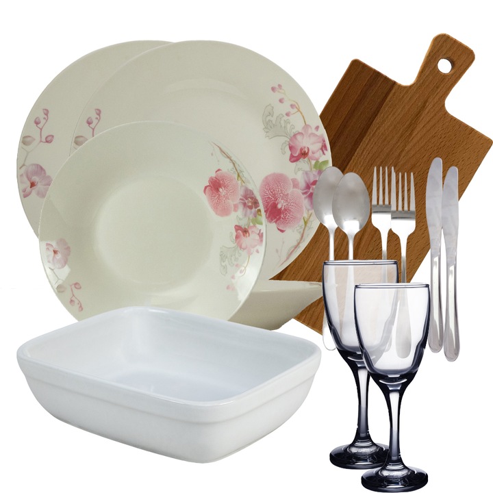 Set complet de masa, Orchid, 14 piese, Portelan, Alb cu orhidee
