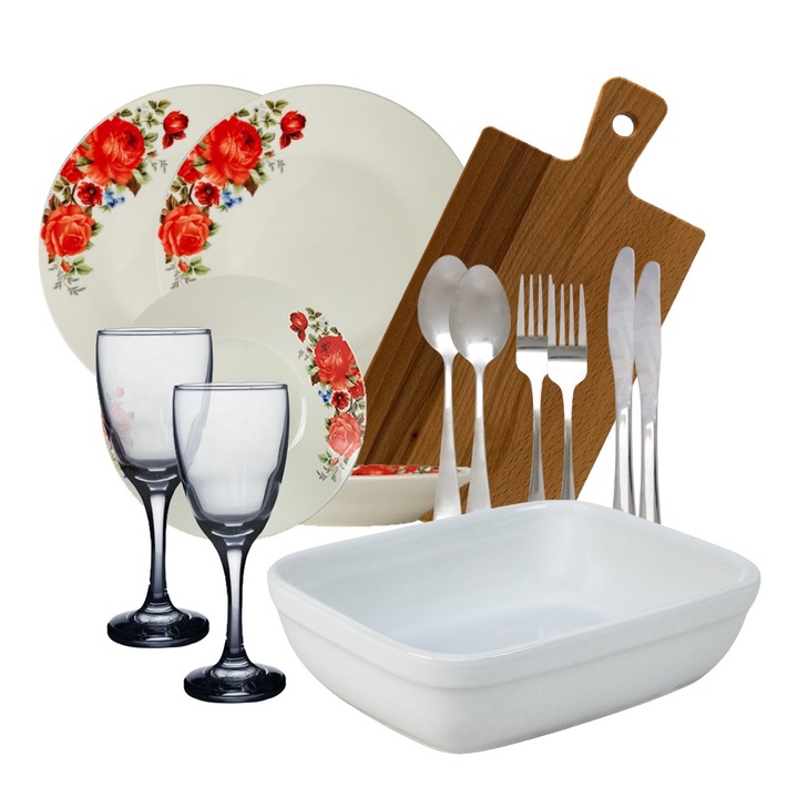 Set complet de masa, Red Roses, 14 piese, Portelan, Alb cu trandafir rosu
