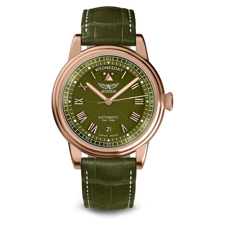 Мъжки часовник Douglas Day Date, Авиатор, Инокс/Екологична кожа, Зелен/Розово злато