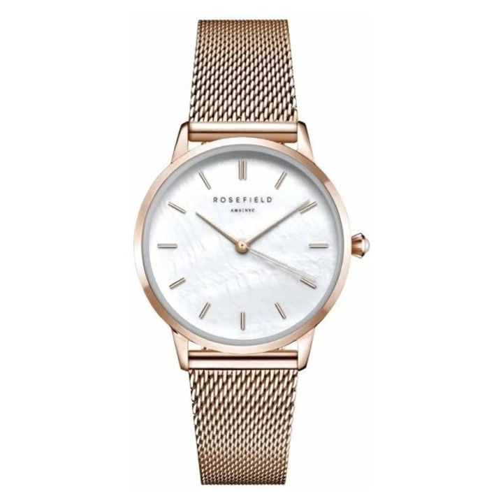 Дамски часовник Pearl Edit, Rosefield, месинг/златно покритие, 36 мм, розово злато/бяло
