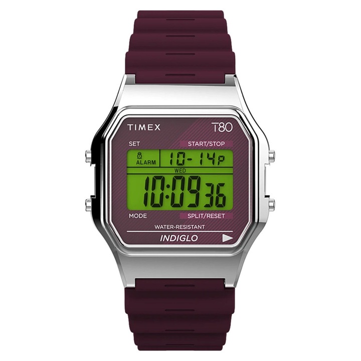 Дамски дигитален часовник T80, Timex, Неръждаема стомана/Каучук, 34 mm, Лилав/Сребрист