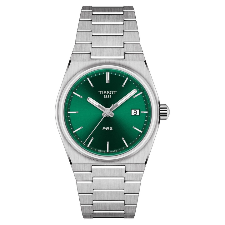 Дамски часовник PRX, Tissot, Неръждаема стомана, 35 мм, Сребрист/Зелен