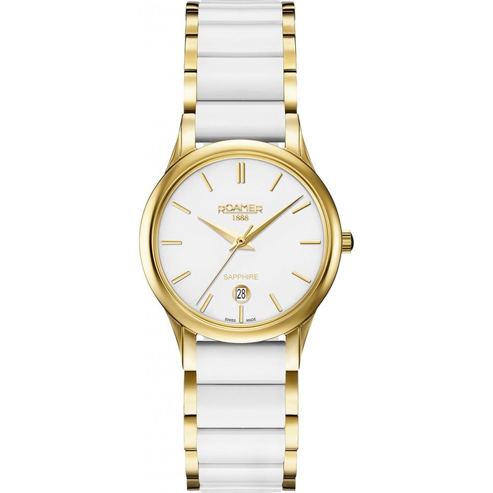 Дамски часовник C-Line, Roamer, Керамика/Неръждаема стомана, 30 мм, Бял/Златист