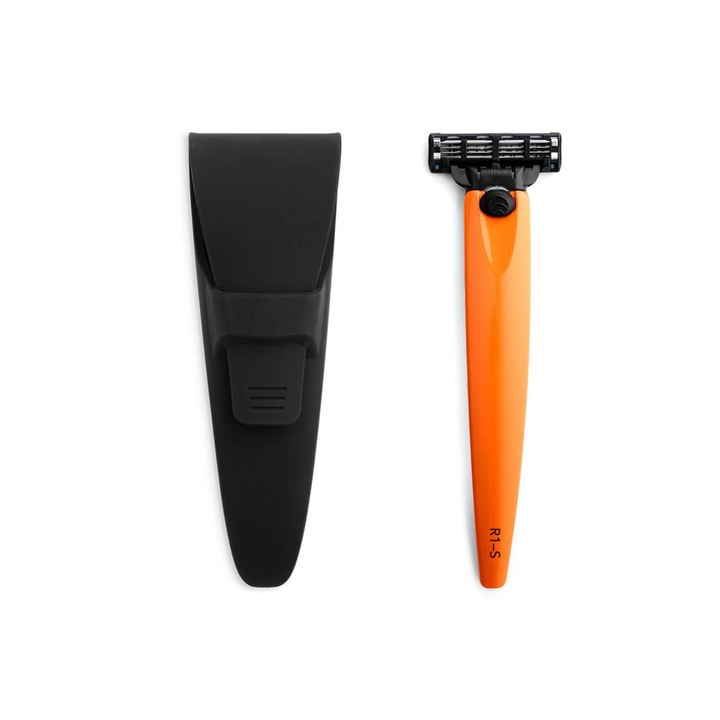 Set aparat de ras Bolin Webb, R1 Signal Orange, include husa waterproof, compatibil cu lamele Gillette Mach 3, maner ergonomic, design premium, barbierit neted, portocaliu