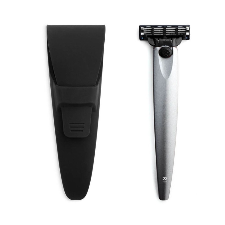 Set aparat de ras Bolin Webb, R1 Argent, include husa waterproof, compatibil cu lamele Gillette Mach 3, maner ergonomic, design premium, barbierit neted, argintiu