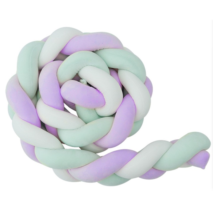 Protectie laterala pentru patut bebe, Mixbo, Bumper impletit, Bumbac, Mov, Verde, Alb 4m