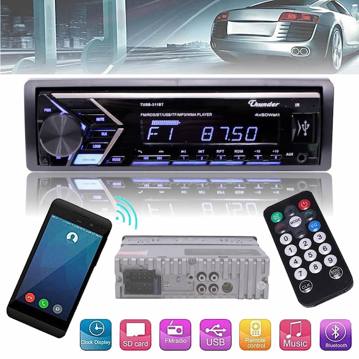Bluetooth Радио MP3 плеър за кола Thunder TUSB-311BT, 4x50W, падащ панел, USB, micro SD, AUX, FM радио, дистанционно