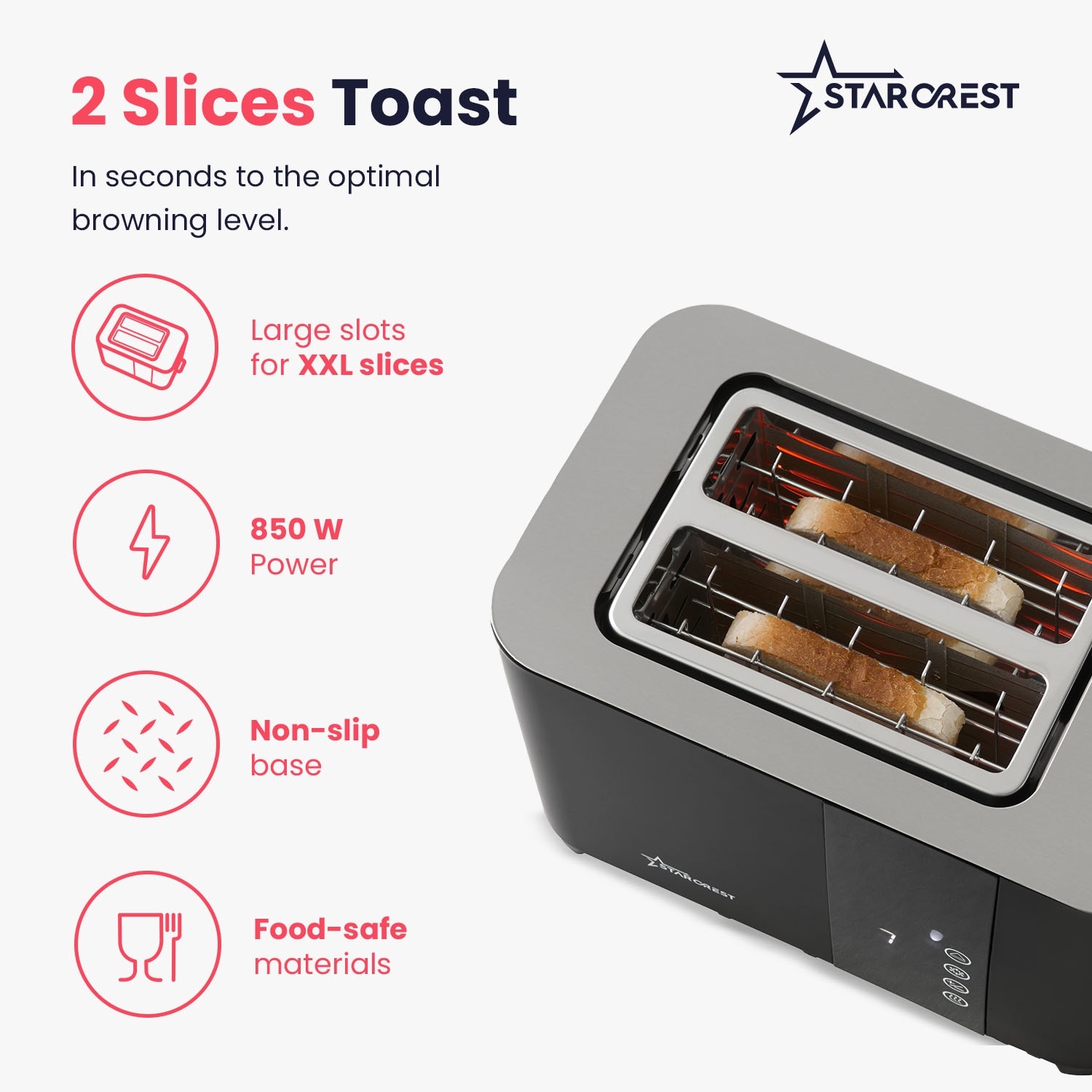 Starcrest STARCREST SDT-850BLK Digitális kenyérpirító, 850 W, 2 szelet, Led ...