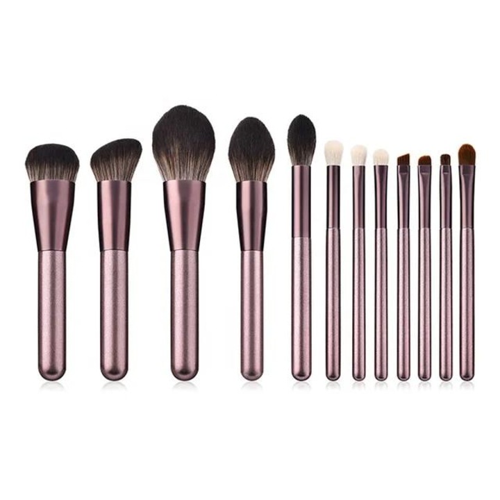 Set 12 pensule machiaj, Ruona, makeup professional/incepatori, model premium, fata, ochi, pensula illuminator, pensula pudra, pensula fond de ten, pensula sprancene, pensula fard, pensula buze, par sintetic, purple