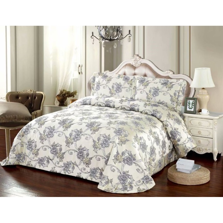 Двойна покривка и 2 калъфки за възглавници, Сатен, 3 части, 2 лица, 250x250см, Бяло-Сиво