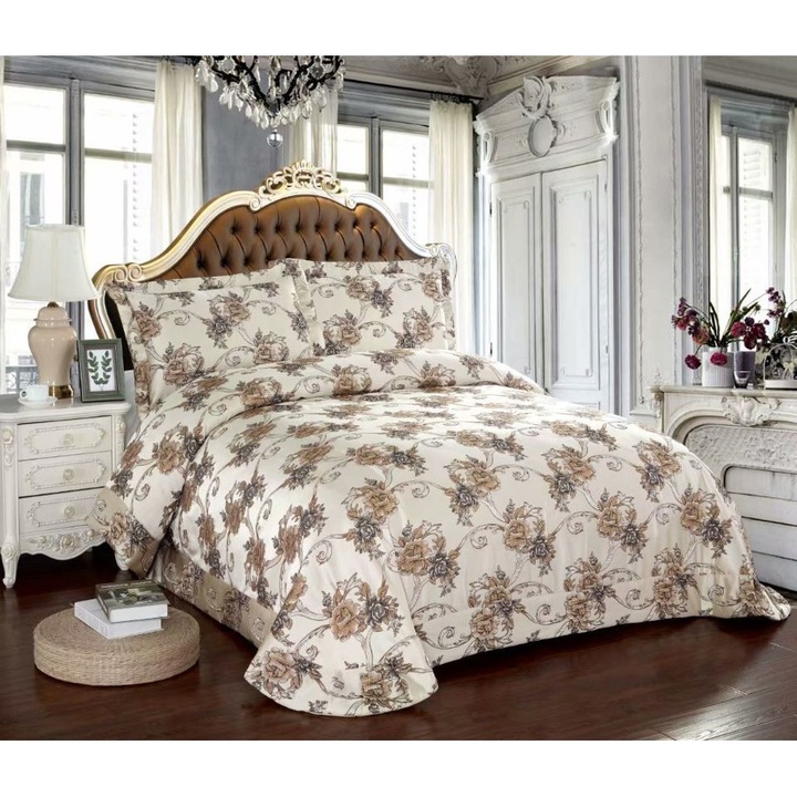 Двойна покривка и 2 калъфки за възглавници, Сатен, 3 части, 2 лица, 250x250см, Бяло-Кафяво