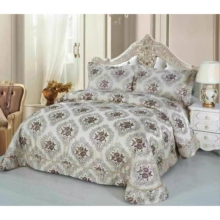 Двойна покривка за легло и 2 калъфки за възглавници, Сатен, 3 части, 2 лица, 250x250 см, Щампа роза, Маслено бяло