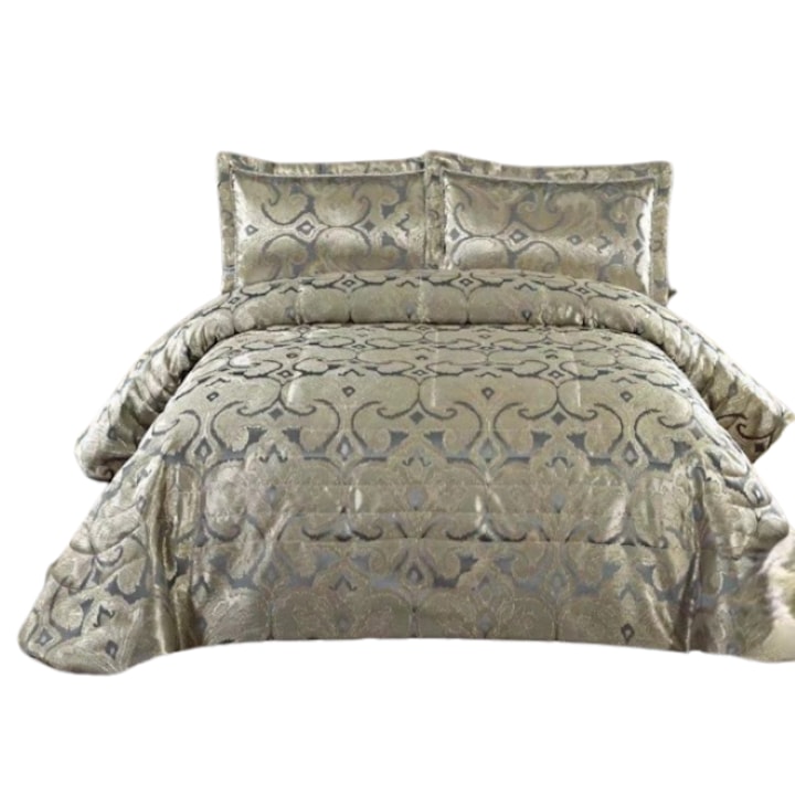 Двойна покривка за легло и 2 калъфки за възглавници, Сатен, 3 части, 2 лица, 250x250см, Сив