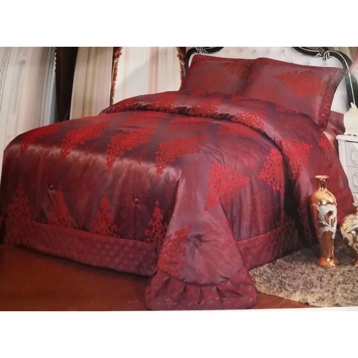 Двойна кувертюра и 2 калъфки за възглавници, Сатен, 3 части, 2 лица, 250x250см, Бордо червено