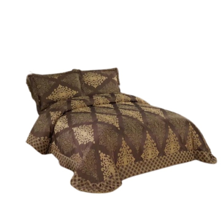 Двойна покривка за легло и 2 калъфки за възглавници, Сатен, 3 части, 2 лица, 250x250см, Кафяво-златисто